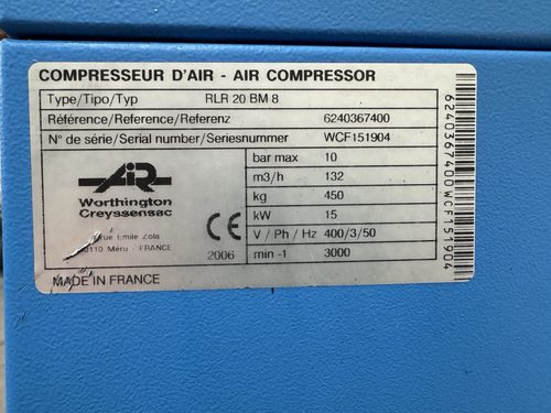 Worthington Creyssensac Rollair RLR 20 BM 8 Rotary Screw Compressor Package, photo 4
