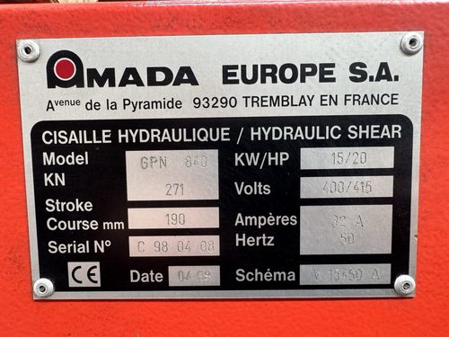 Amada Promecam GPN 840 Hydraulic Guillotine Shear, photo 2