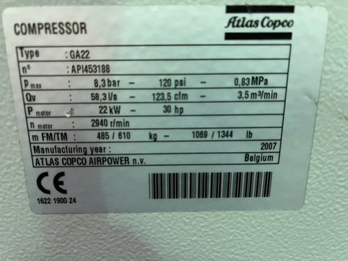 Atlas Copco GA22 FF Rotary Screw Air Compressor, photo 5