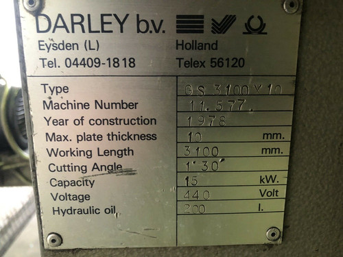 Darley (Holland) 10mm Hydraulic Sheet Metal Guillotine, photo 2