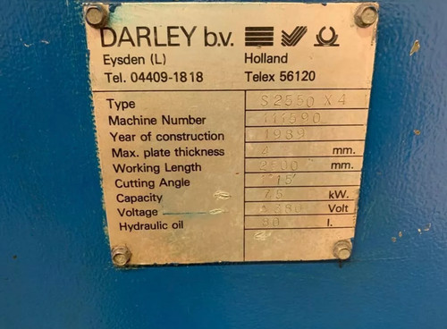 Darley (Holland) Hydraulic 2.5m Sheet Metal Guillotine, photo 3