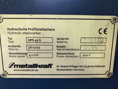 Metallkraft (Germany) HPS45S Universal Hydraulic Iron Worker, photo 3